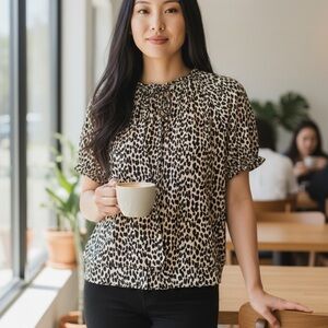 LOFT Animal Print Blouse in Black and Cream